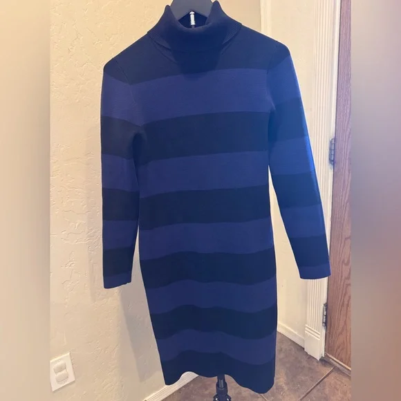 J. Crew Blue and Black Ribbed Turtleneck Sweater Dress - Picture 2 of 6